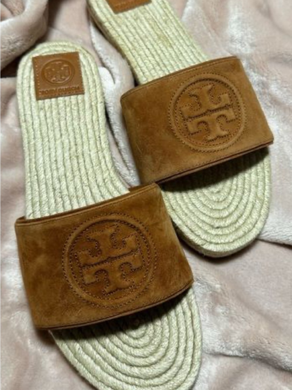 Tory Burch Brown Suede Slide Sandals with Cream Rope Footbed